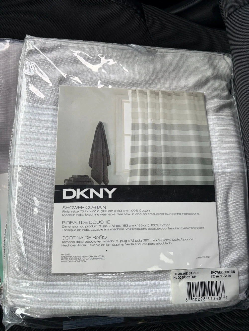 DKNY White Striped Shower Curtain with Silver Hooks & Curtain Liner